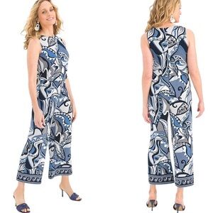 Chicos Travelers Border Crop Jumpsuit Dress Wave Blue NWT Size 3 Women’s